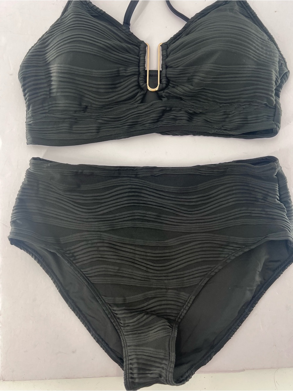 2 Piece Black Bikini Set U-Wire Cutout Swimsuit High Waisted Textured size XL - Picture 9 of 11